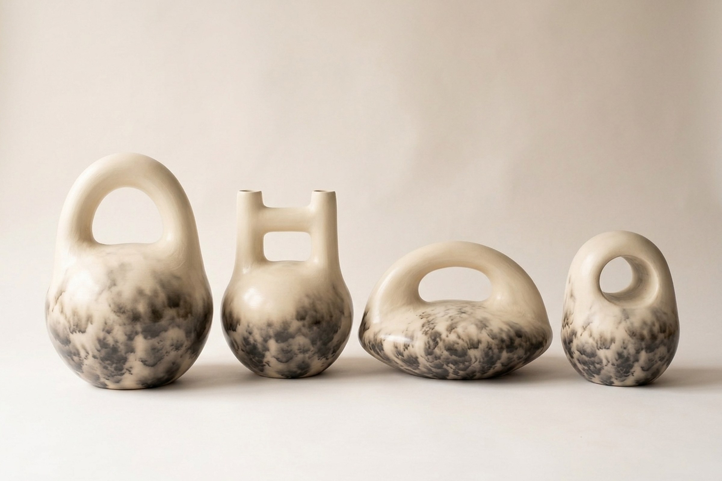 Arco, Puente, Umbral and Paso. Four burnished vessels, ivory to smoke-black.